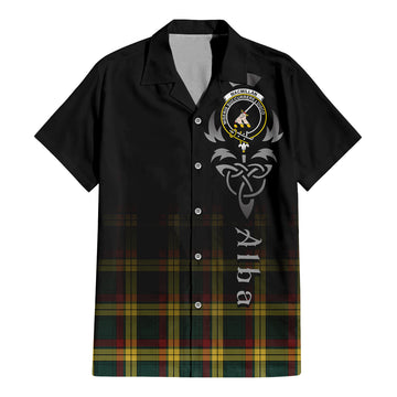 MacMillan Old Modern Tartan Short Sleeve Button Up Featuring Alba Gu Brath Family Crest Celtic Inspired