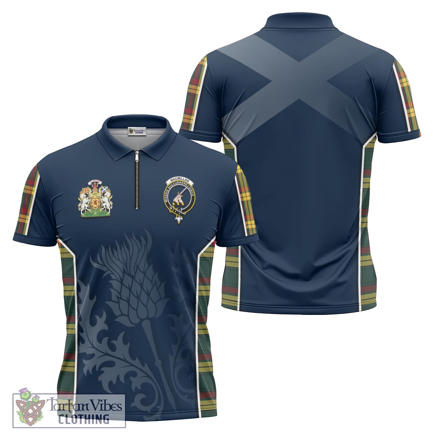 Tartan Vibes Clothing MacMillan Old Modern Tartan Zipper Polo Shirt with Family Crest and Scottish Thistle Vibes Sport Style