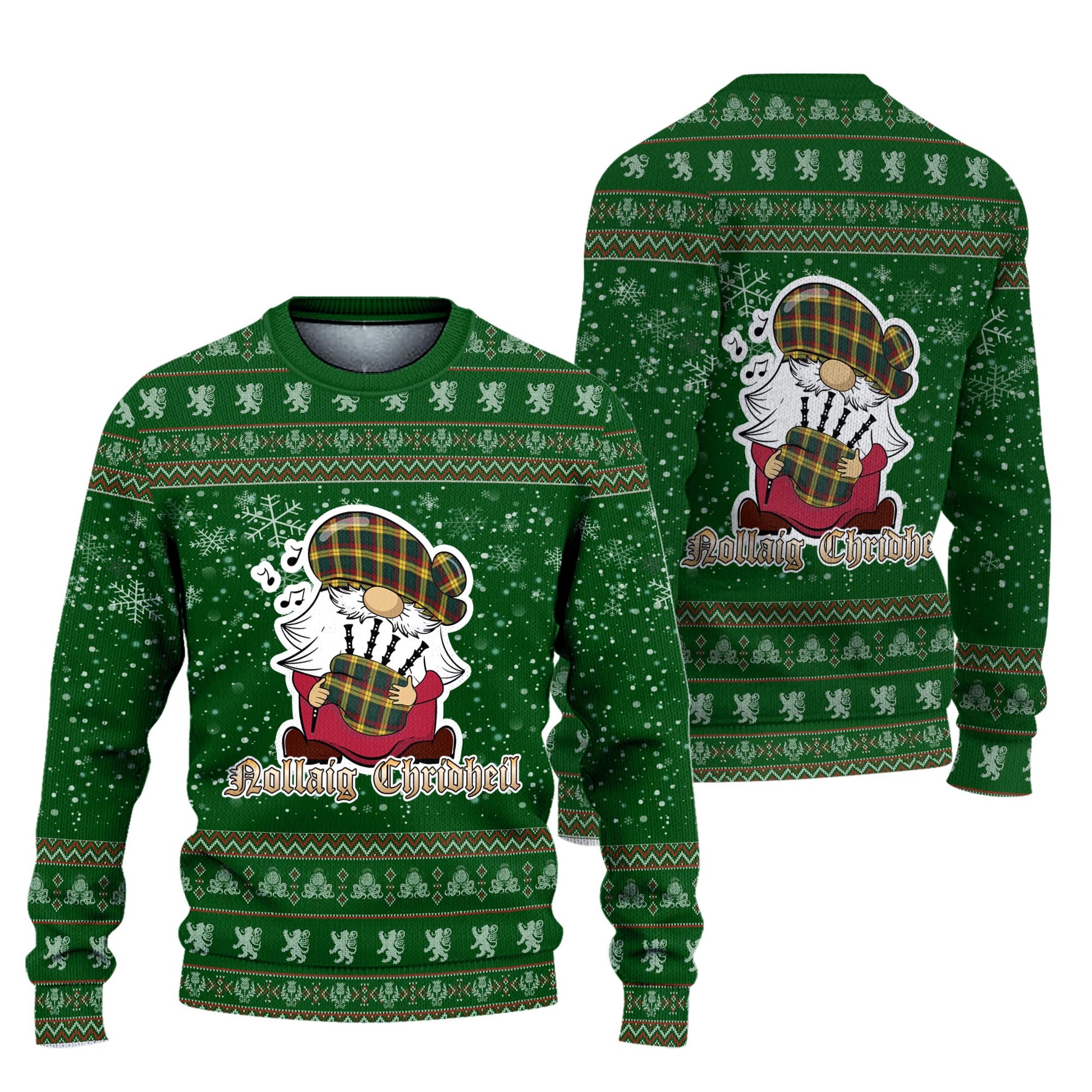 MacMillan Old Modern Clan Christmas Family Knitted Sweater with Funny Gnome Playing Bagpipes Unisex Green - Tartanvibesclothing