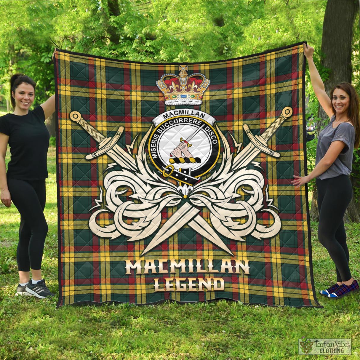 Tartan Vibes Clothing MacMillan Old Modern Tartan Quilt with Clan Crest and the Golden Sword of Courageous Legacy