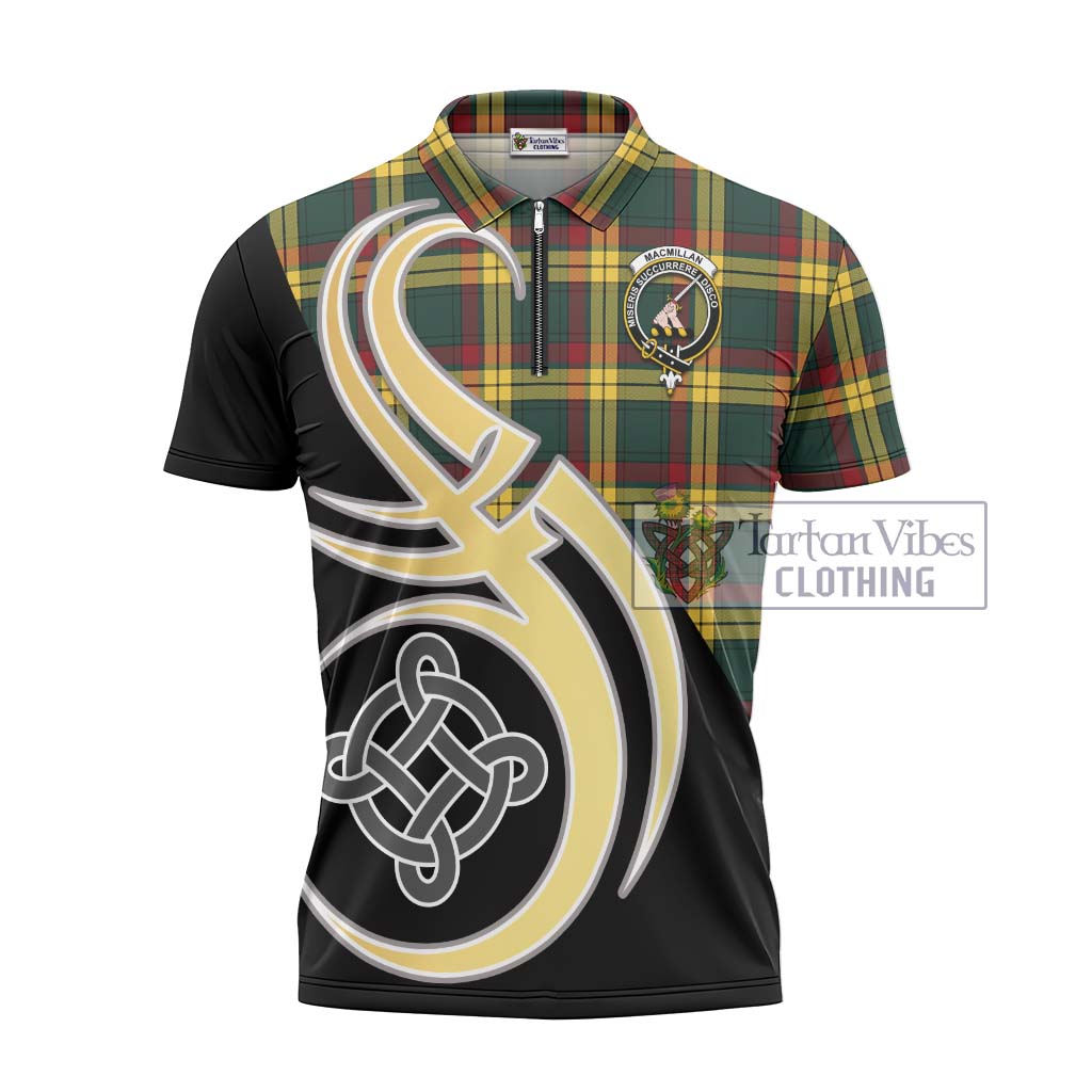 Tartan Vibes Clothing MacMillan Old Modern Tartan Zipper Polo Shirt with Family Crest and Celtic Symbol Style