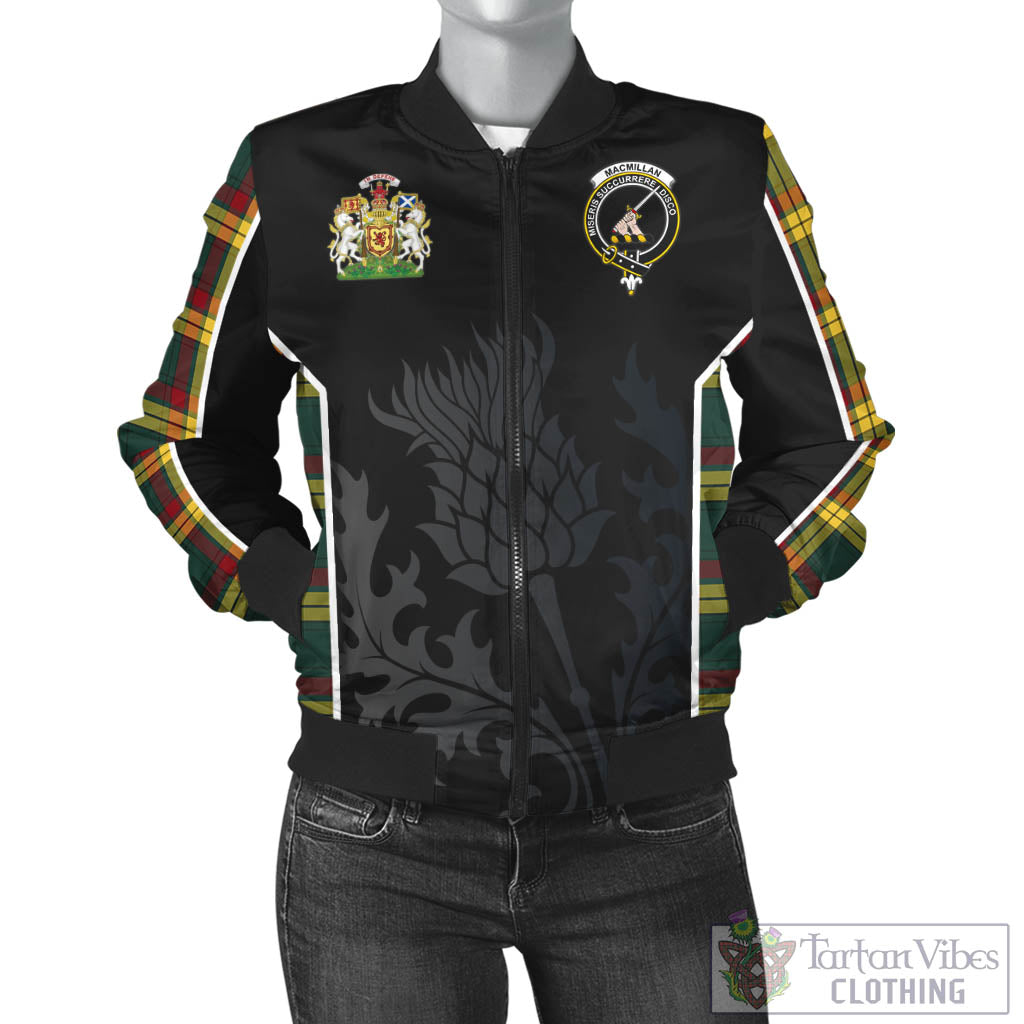 Tartan Vibes Clothing MacMillan Old Modern Tartan Bomber Jacket with Family Crest and Scottish Thistle Vibes Sport Style