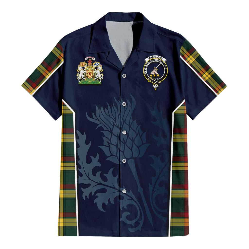 Tartan Vibes Clothing MacMillan Old Modern Tartan Short Sleeve Button Up Shirt with Family Crest and Scottish Thistle Vibes Sport Style