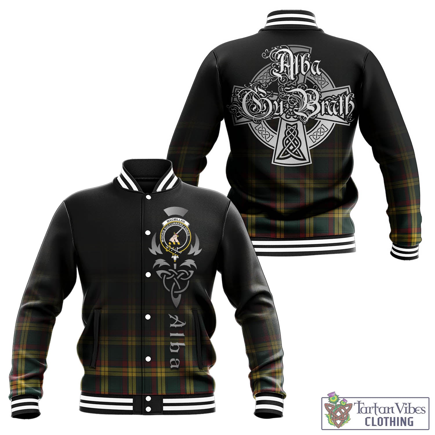 Tartan Vibes Clothing MacMillan Old Modern Tartan Baseball Jacket Featuring Alba Gu Brath Family Crest Celtic Inspired