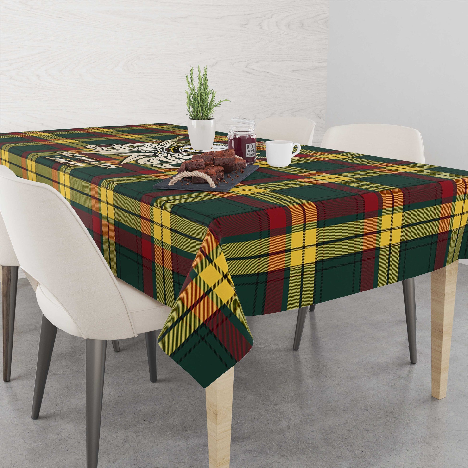 Tartan Vibes Clothing MacMillan Old Modern Tartan Tablecloth with Clan Crest and the Golden Sword of Courageous Legacy