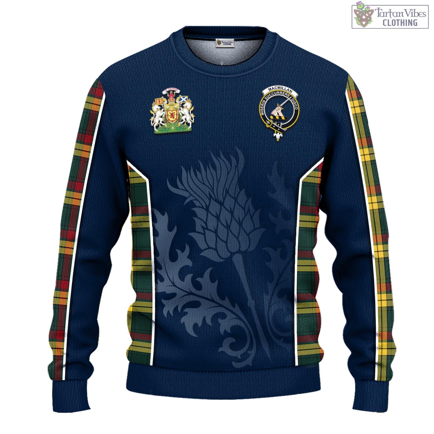 Tartan Vibes Clothing MacMillan Old Modern Tartan Knitted Sweatshirt with Family Crest and Scottish Thistle Vibes Sport Style