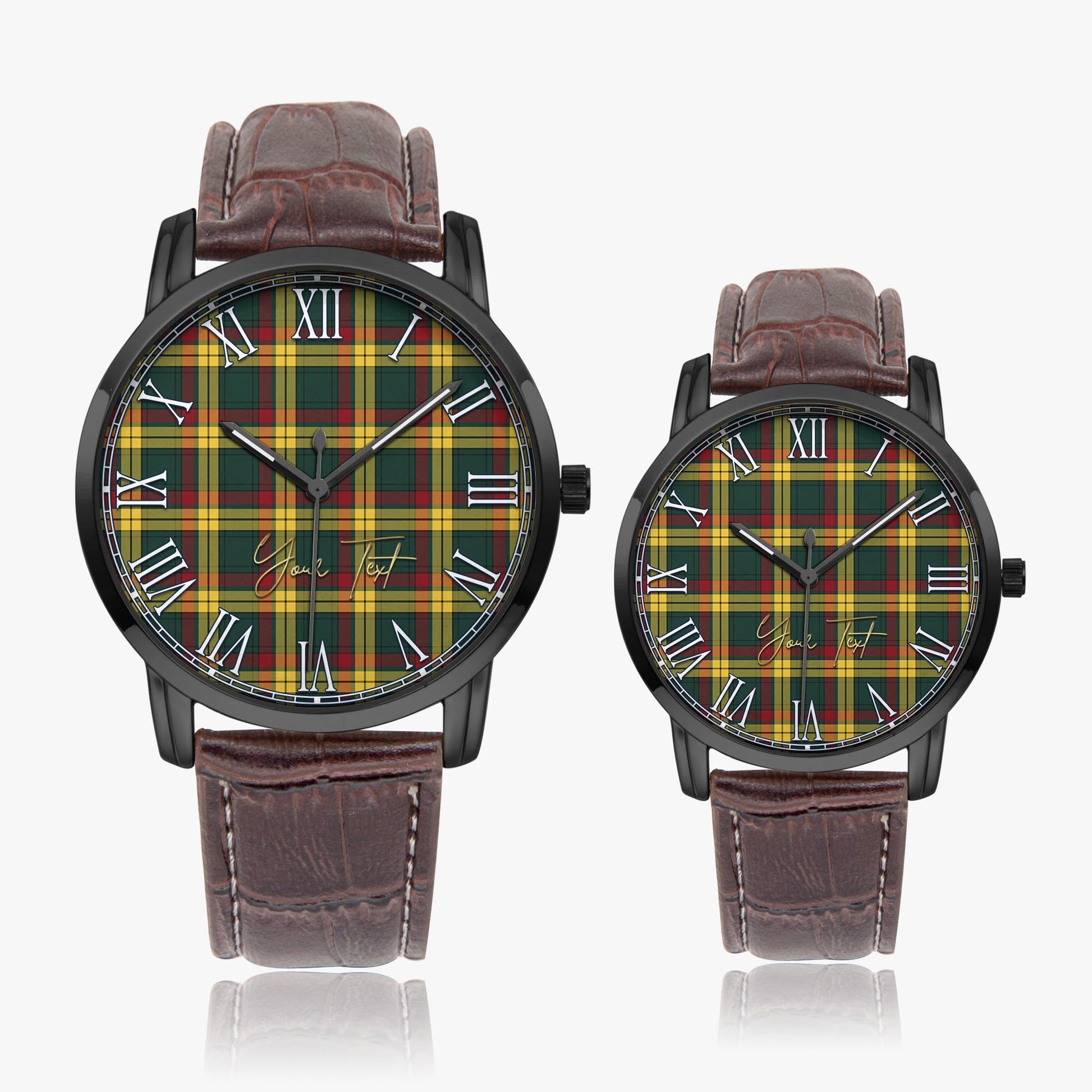 MacMillan Old Modern Tartan Personalized Your Text Leather Trap Quartz Watch Wide Type Black Case With Brown Leather Strap - Tartanvibesclothing