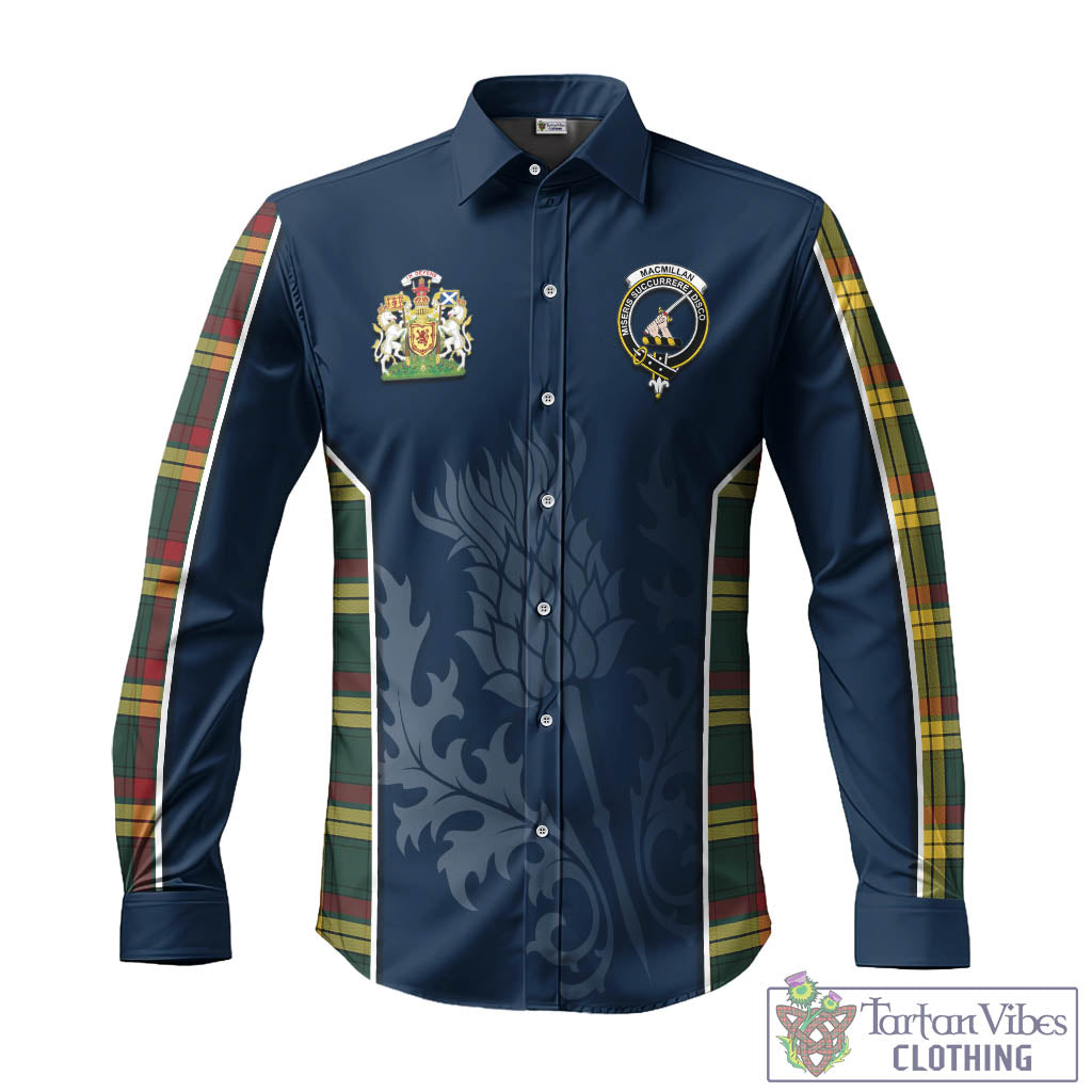 Tartan Vibes Clothing MacMillan Old Modern Tartan Long Sleeve Button Up Shirt with Family Crest and Scottish Thistle Vibes Sport Style