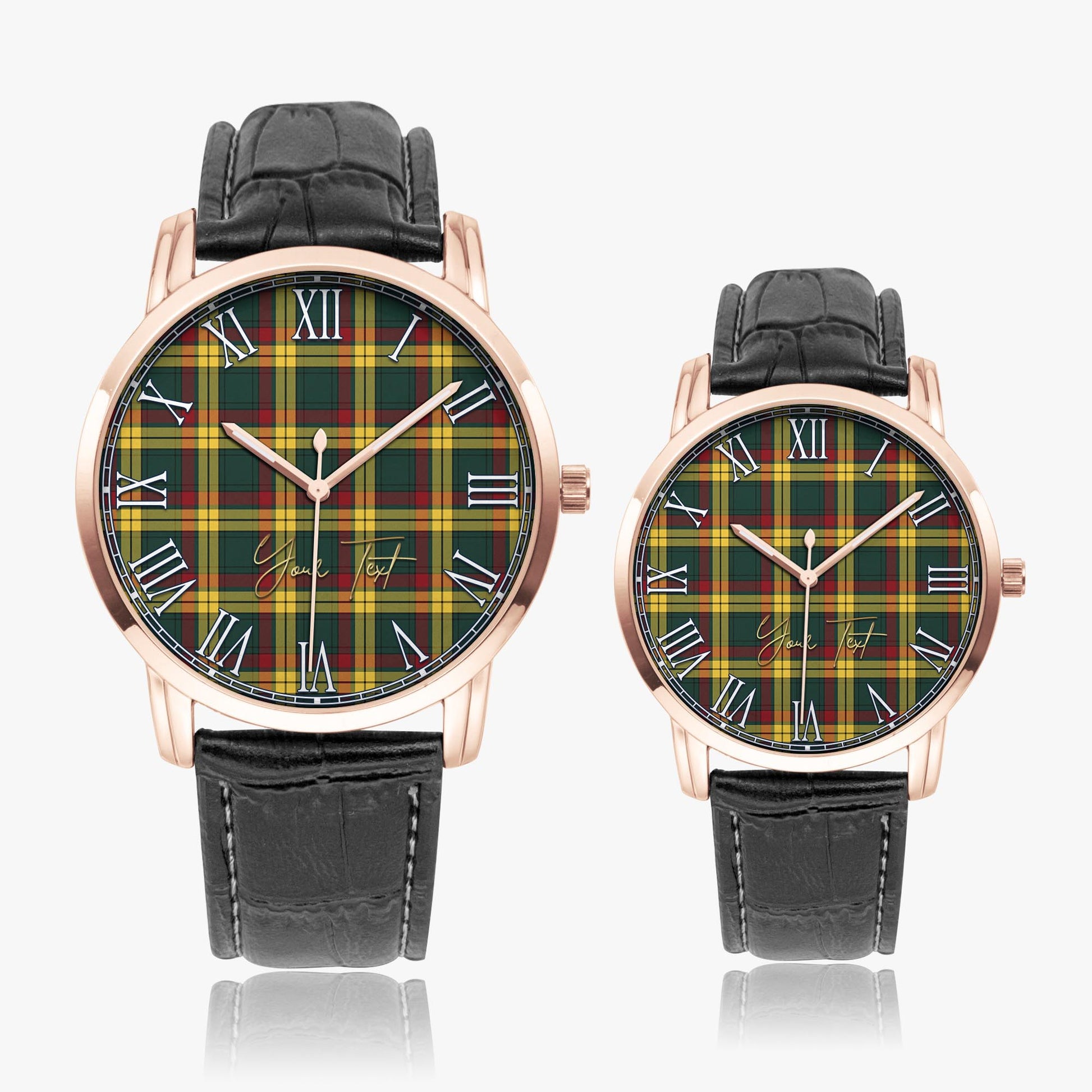 MacMillan Old Modern Tartan Personalized Your Text Leather Trap Quartz Watch Wide Type Rose Gold Case With Black Leather Strap - Tartanvibesclothing