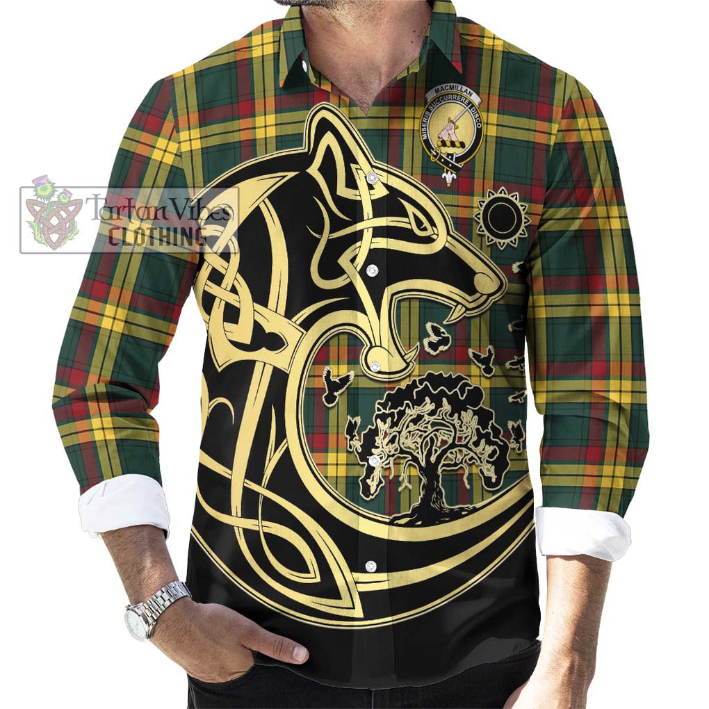 MacMillan Old Modern Tartan Long Sleeve Button Shirt with Family Crest Celtic Wolf Style - Tartan Vibes Clothing