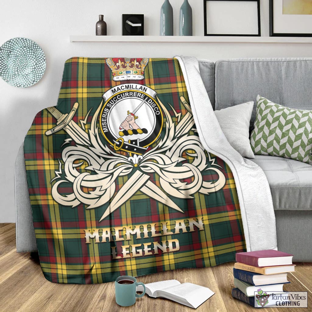 Tartan Vibes Clothing MacMillan Old Modern Tartan Blanket with Clan Crest and the Golden Sword of Courageous Legacy