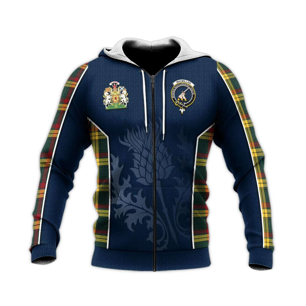 Tartan Vibes Clothing MacMillan Old Modern Tartan Knitted Hoodie with Family Crest and Scottish Thistle Vibes Sport Style