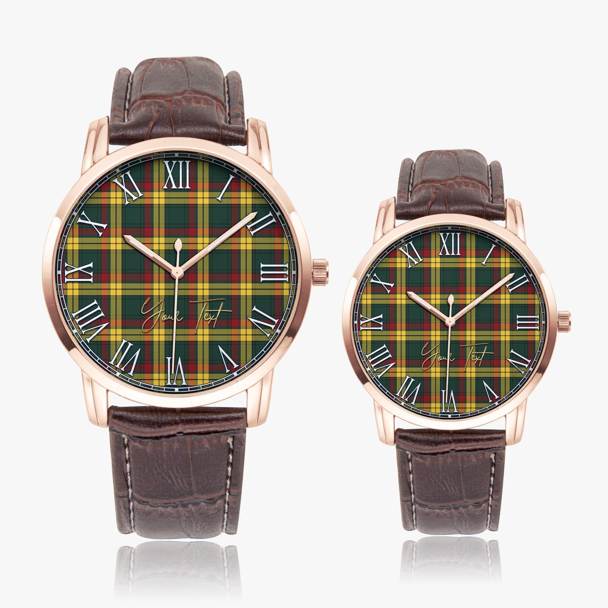 MacMillan Old Modern Tartan Personalized Your Text Leather Trap Quartz Watch Wide Type Rose Gold Case With Brown Leather Strap - Tartanvibesclothing