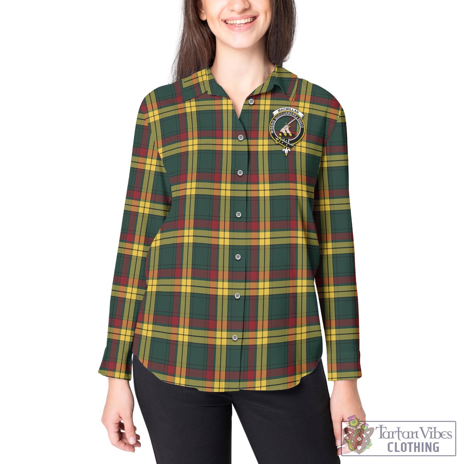 Tartan Vibes Clothing MacMillan Old Modern Tartan Womens Casual Shirt with Family Crest