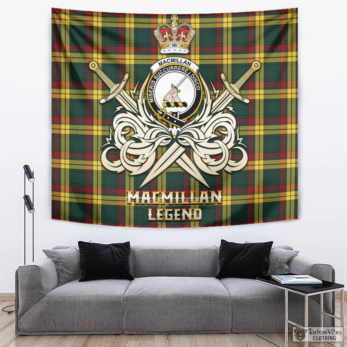 Tartan Vibes Clothing MacMillan Old Modern Tartan Tapestry with Clan Crest and the Golden Sword of Courageous Legacy