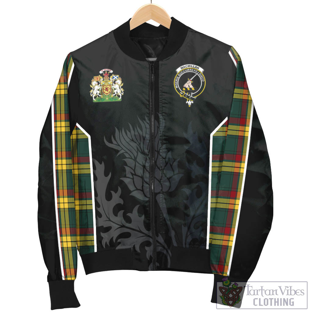 Tartan Vibes Clothing MacMillan Old Modern Tartan Bomber Jacket with Family Crest and Scottish Thistle Vibes Sport Style