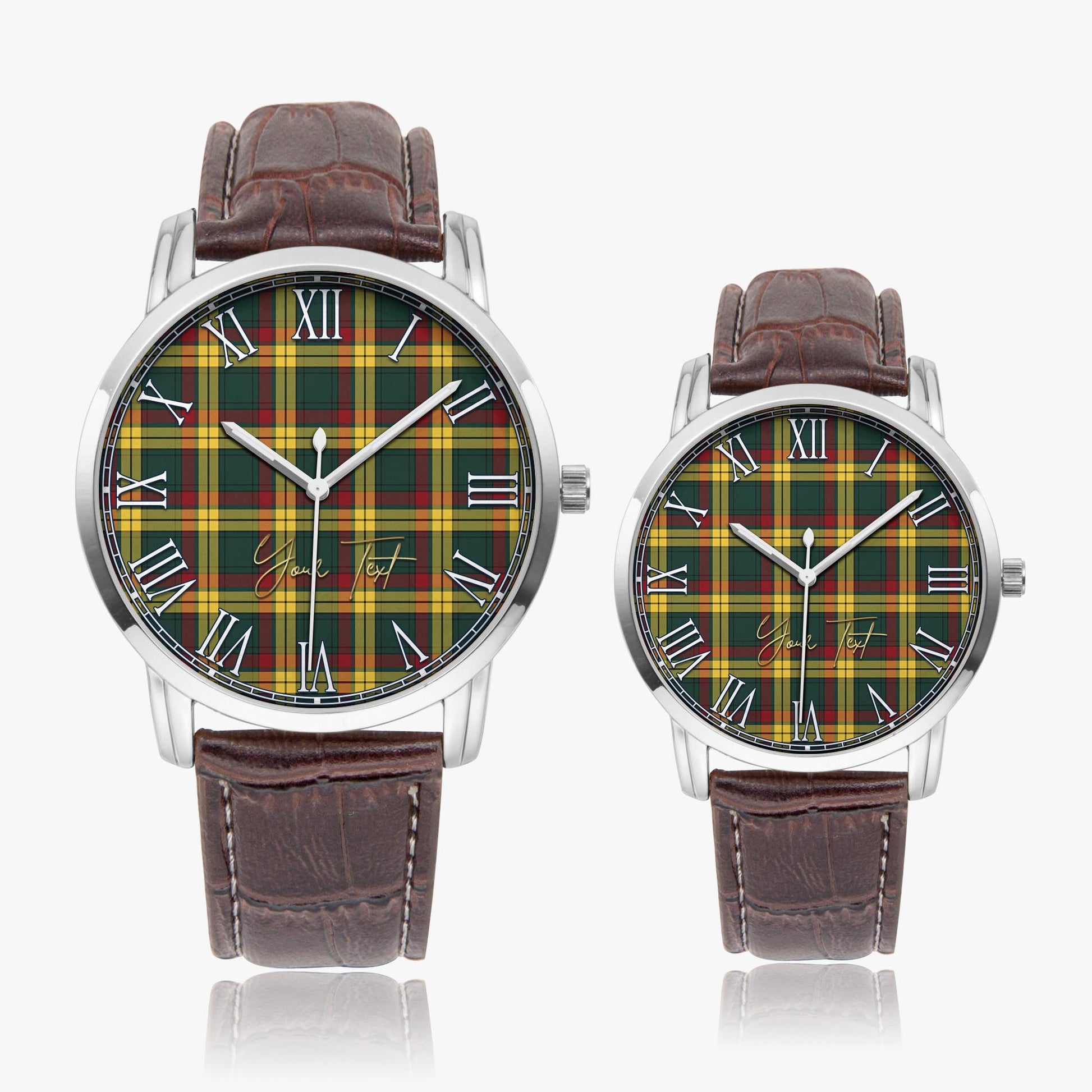MacMillan Old Modern Tartan Personalized Your Text Leather Trap Quartz Watch Wide Type Silver Case With Brown Leather Strap - Tartanvibesclothing
