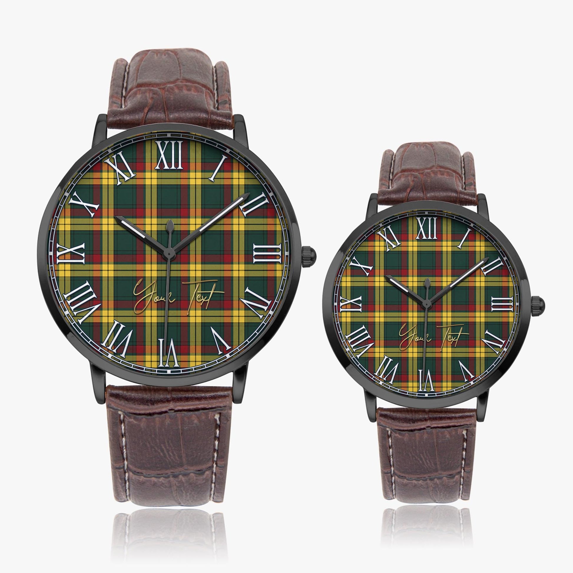 MacMillan Old Modern Tartan Personalized Your Text Leather Trap Quartz Watch Ultra Thin Black Case With Brown Leather Strap - Tartanvibesclothing
