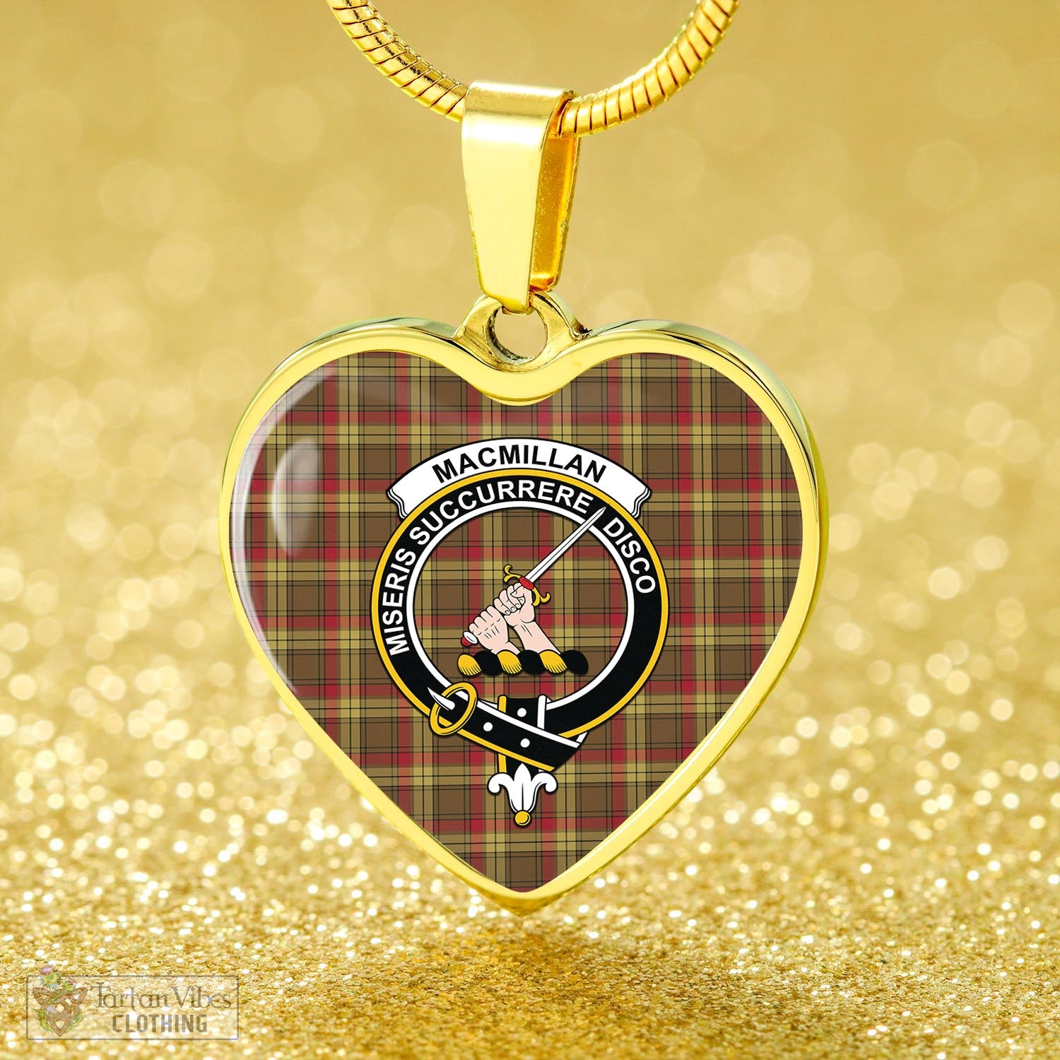 Tartan Vibes Clothing MacMillan Old Weathered Tartan Heart Necklace with Family Crest