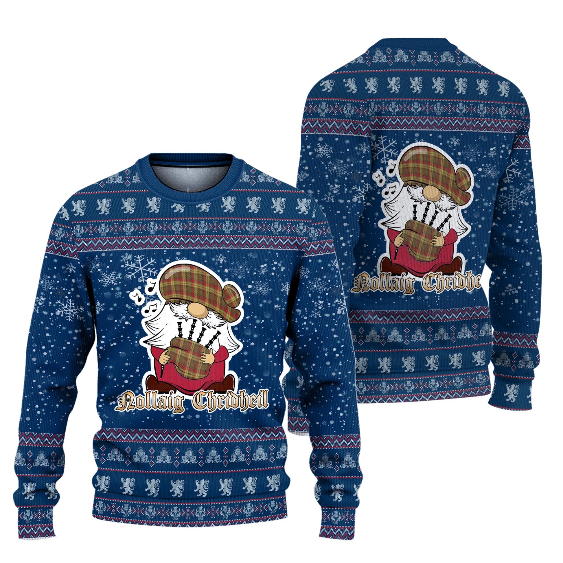 MacMillan Old Weathered Clan Christmas Family Knitted Sweater with Funny Gnome Playing Bagpipes Unisex Blue - Tartanvibesclothing