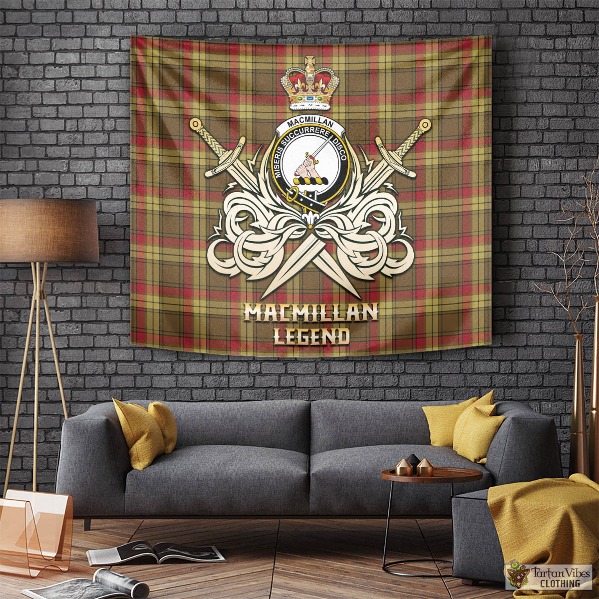 Tartan Vibes Clothing MacMillan Old Weathered Tartan Tapestry with Clan Crest and the Golden Sword of Courageous Legacy