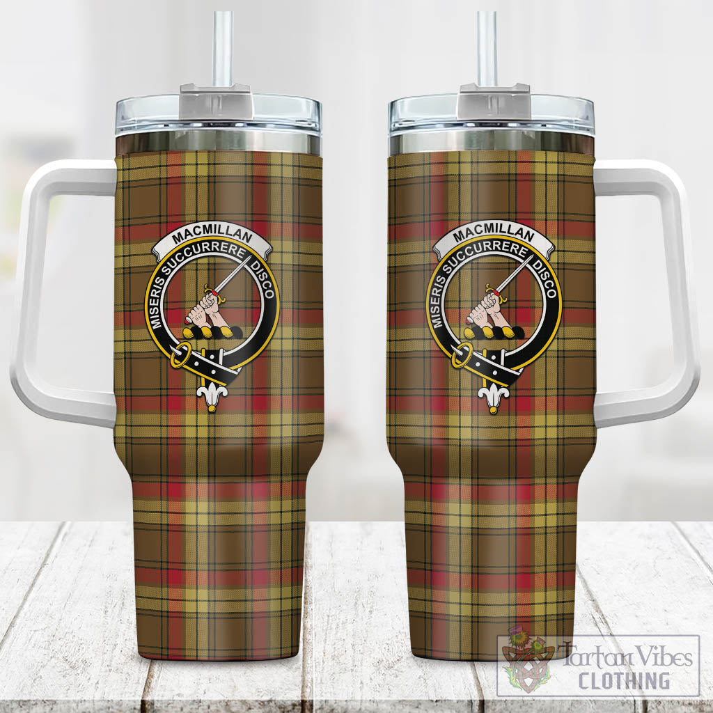 Tartan Vibes Clothing MacMillan Old Weathered Tartan and Family Crest Tumbler with Handle