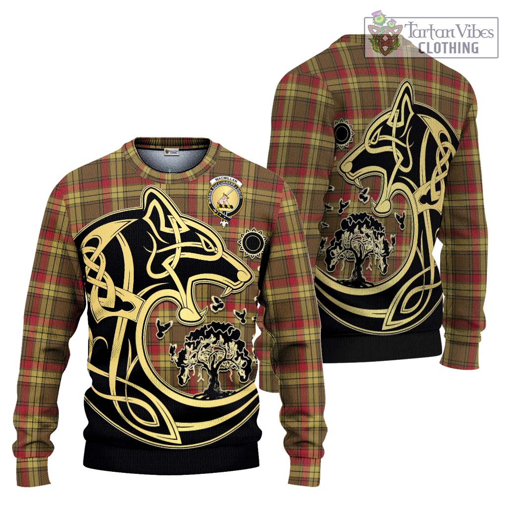 Tartan Vibes Clothing MacMillan Old Weathered Tartan Knitted Sweater with Family Crest Celtic Wolf Style