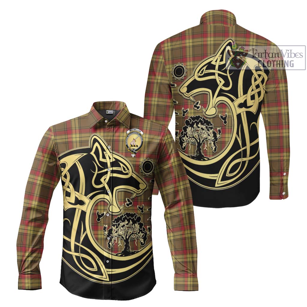 Tartan Vibes Clothing MacMillan Old Weathered Tartan Long Sleeve Button Shirt with Family Crest Celtic Wolf Style