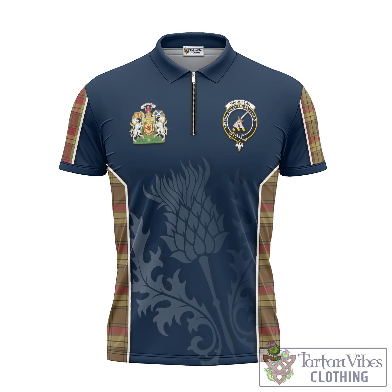 Tartan Vibes Clothing MacMillan Old Weathered Tartan Zipper Polo Shirt with Family Crest and Scottish Thistle Vibes Sport Style