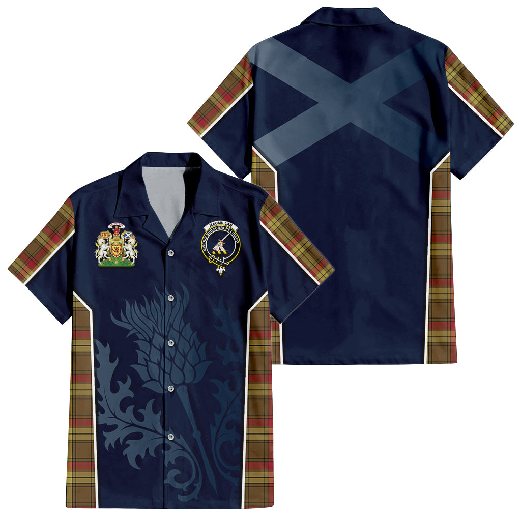 Tartan Vibes Clothing MacMillan Old Weathered Tartan Short Sleeve Button Up Shirt with Family Crest and Scottish Thistle Vibes Sport Style