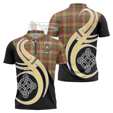 MacMillan Old Weathered Tartan Zipper Polo Shirt with Family Crest and Celtic Symbol Style