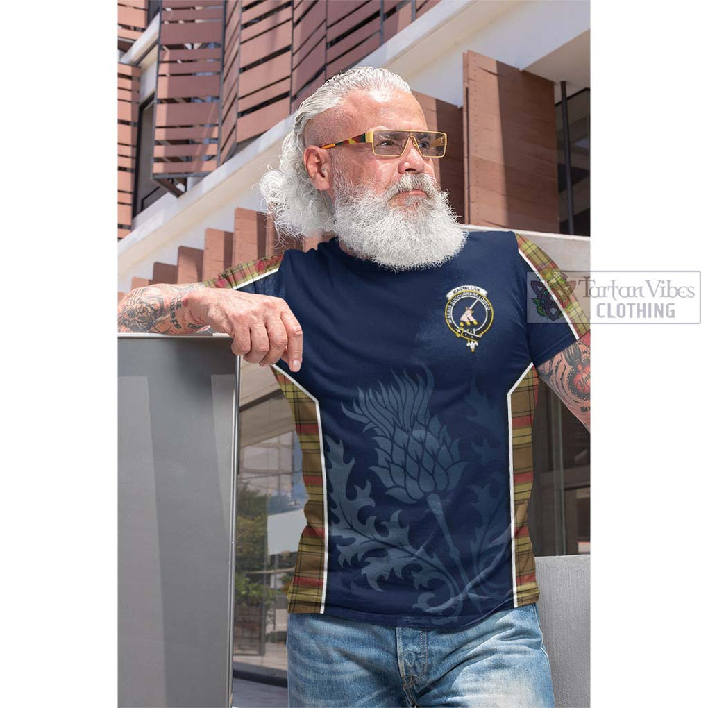 Tartan Vibes Clothing MacMillan Old Weathered Tartan Cotton T-shirt with Family Crest and Scottish Thistle Vibes Sport Style