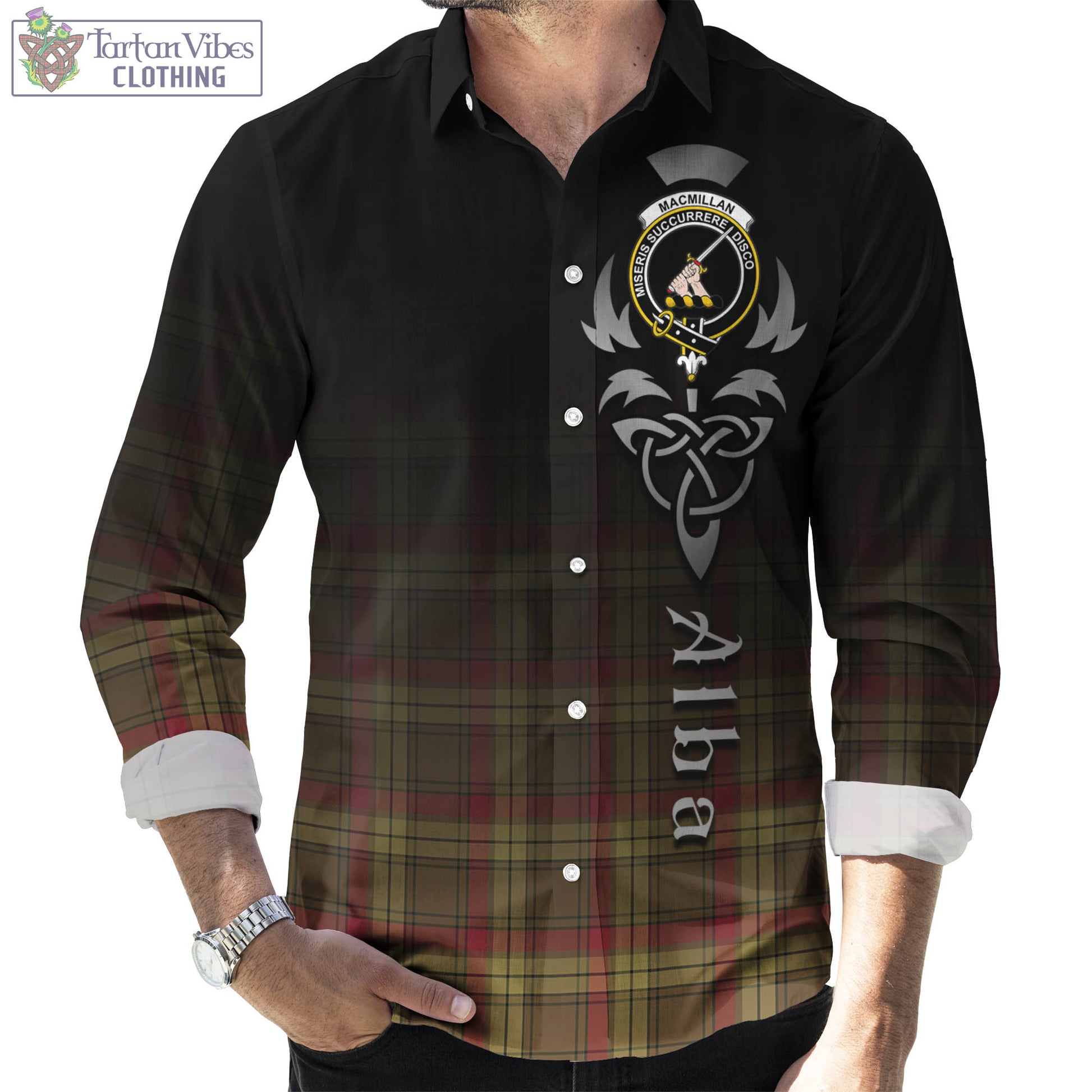 Tartan Vibes Clothing MacMillan Old Weathered Tartan Long Sleeve Button Up Featuring Alba Gu Brath Family Crest Celtic Inspired