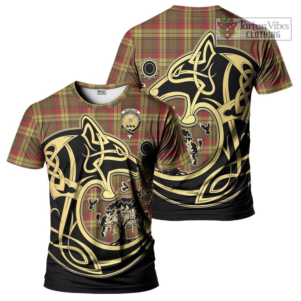 Tartan Vibes Clothing MacMillan Old Weathered Tartan T-Shirt with Family Crest Celtic Wolf Style