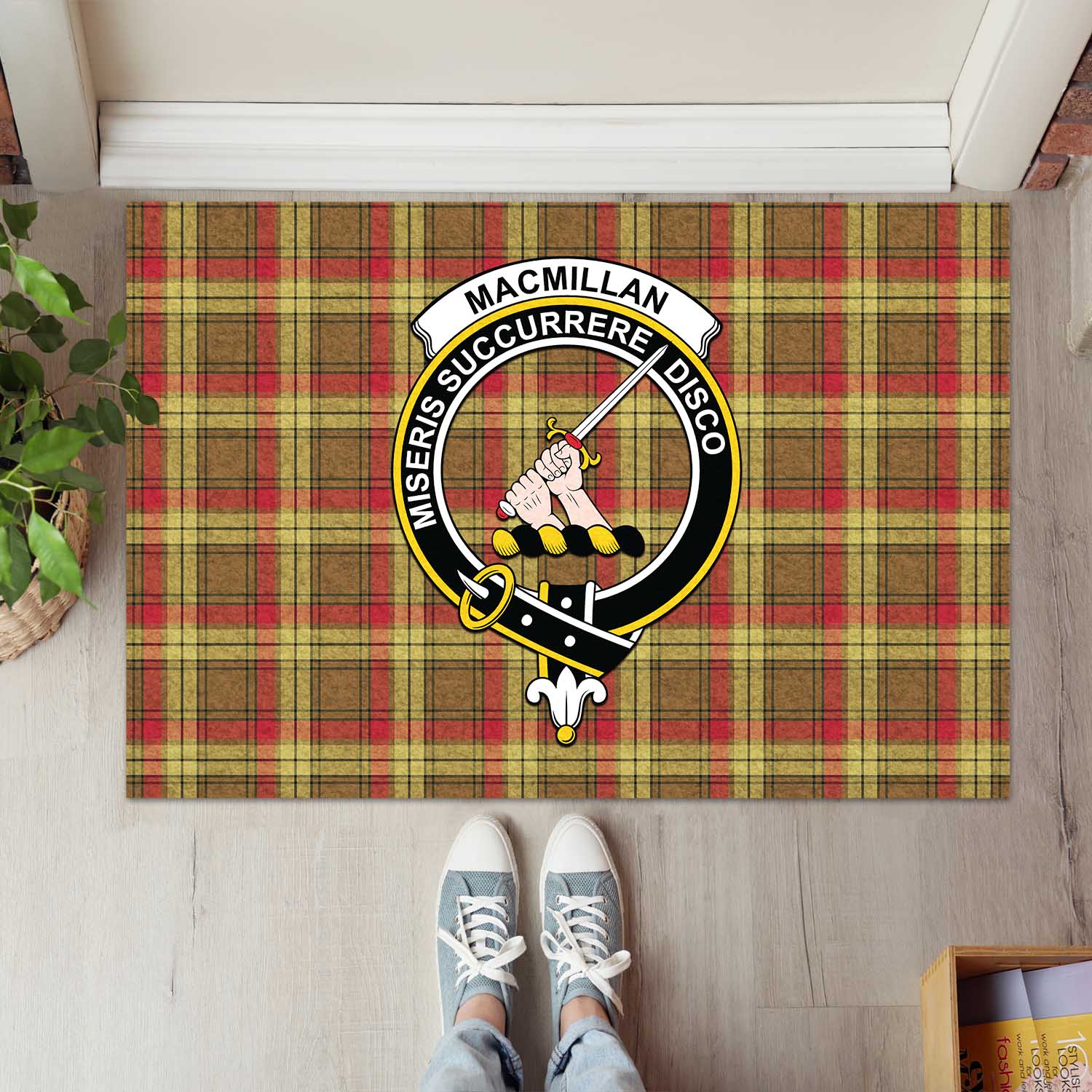 MacMillan Old Weathered Tartan Door Mat with Family Crest - Tartanvibesclothing