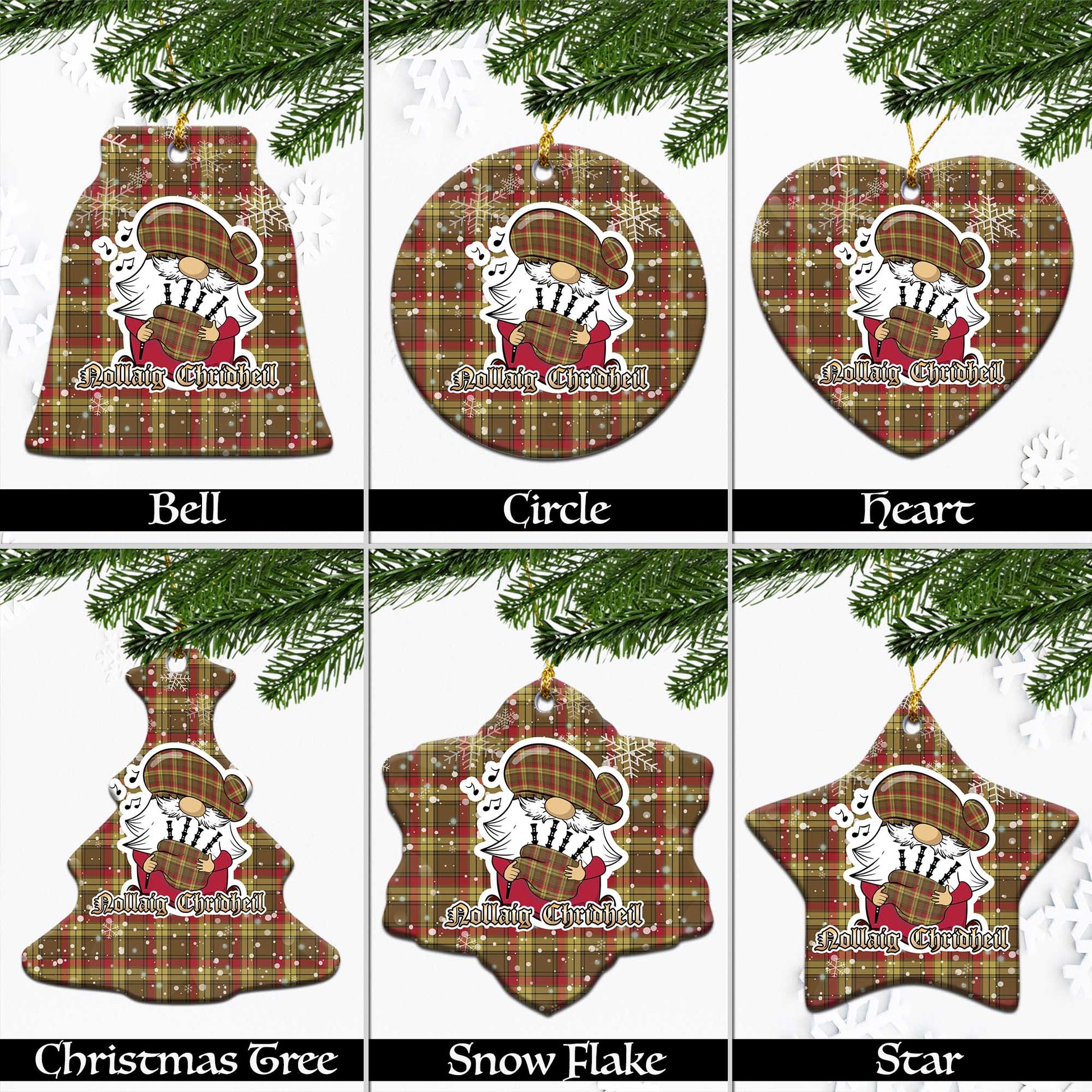 MacMillan Old Weathered Tartan Christmas Ornaments with Scottish Gnome Playing Bagpipes Ceramic - Tartanvibesclothing