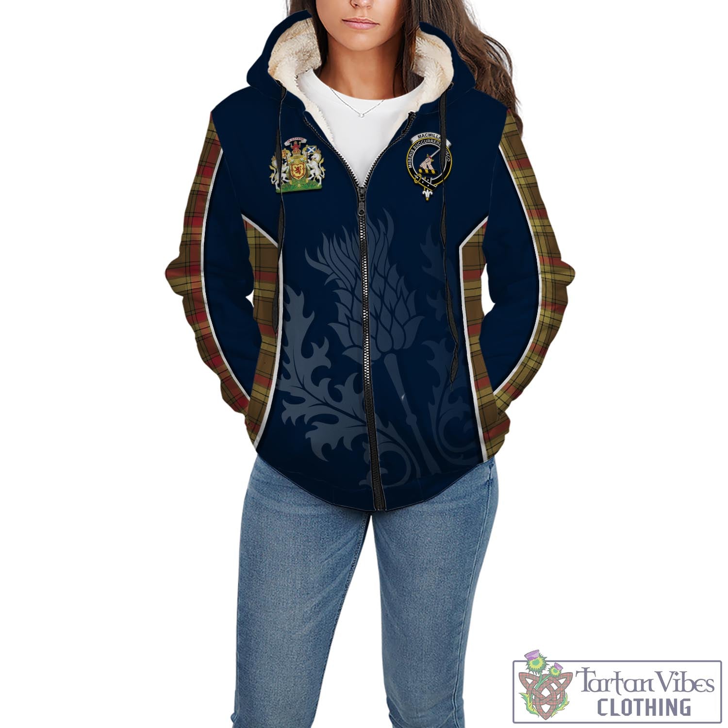 Tartan Vibes Clothing MacMillan Old Weathered Tartan Sherpa Hoodie with Family Crest and Scottish Thistle Vibes Sport Style