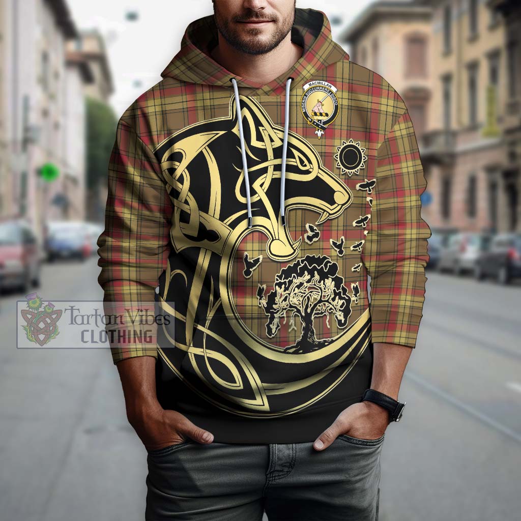 Tartan Vibes Clothing MacMillan Old Weathered Tartan Hoodie with Family Crest Celtic Wolf Style