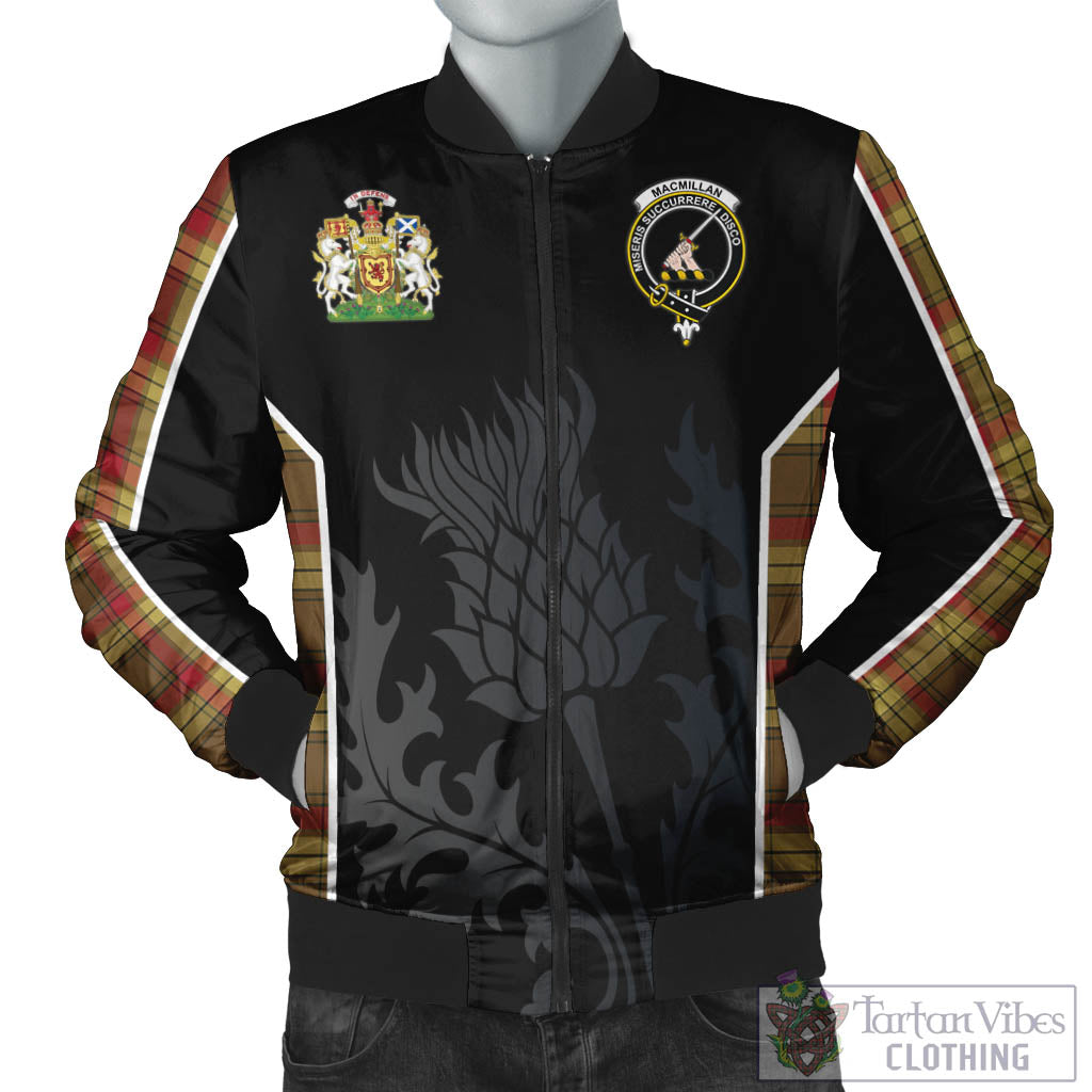 Tartan Vibes Clothing MacMillan Old Weathered Tartan Bomber Jacket with Family Crest and Scottish Thistle Vibes Sport Style