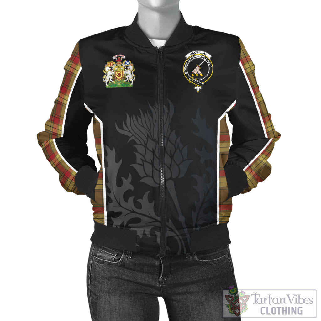 Tartan Vibes Clothing MacMillan Old Weathered Tartan Bomber Jacket with Family Crest and Scottish Thistle Vibes Sport Style