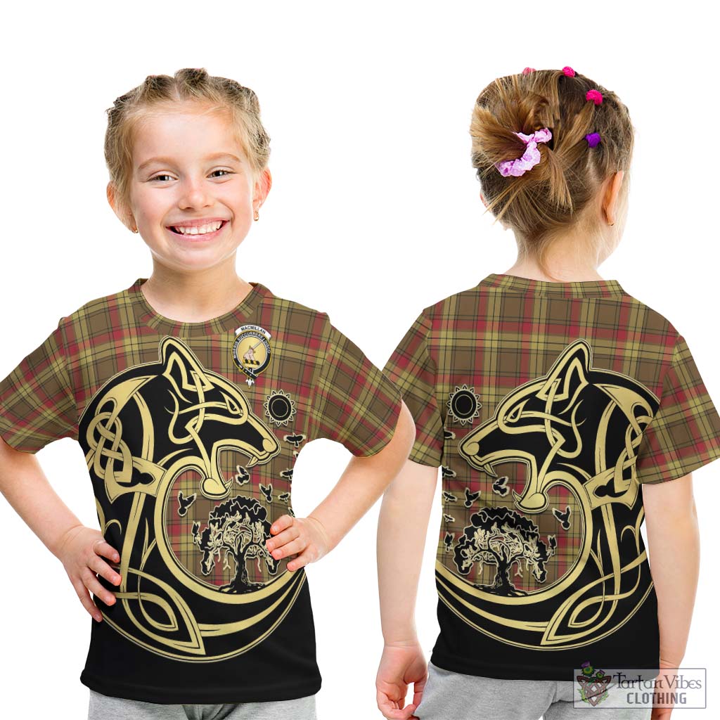 Tartan Vibes Clothing MacMillan Old Weathered Tartan Kid T-Shirt with Family Crest Celtic Wolf Style