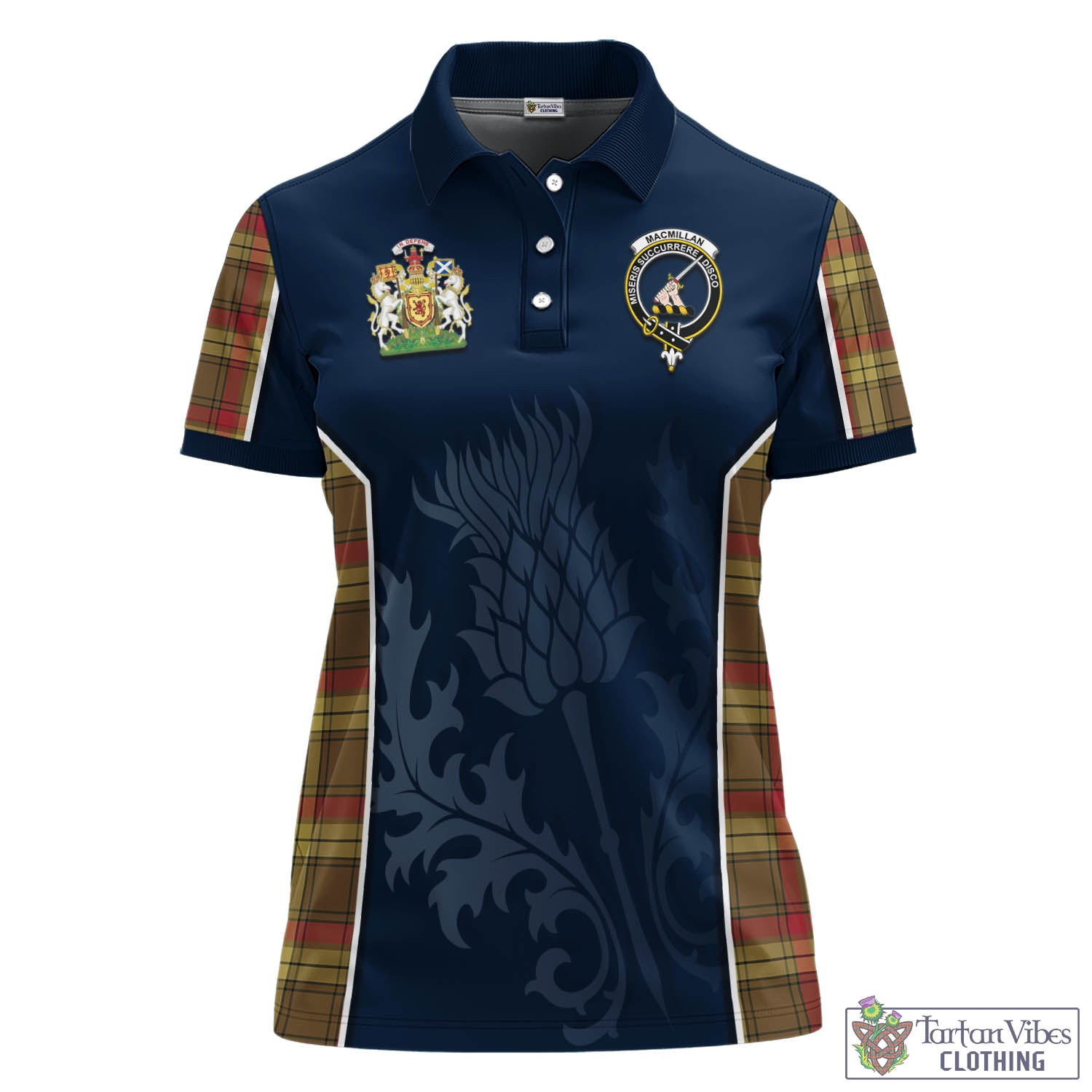 Tartan Vibes Clothing MacMillan Old Weathered Tartan Women's Polo Shirt with Family Crest and Scottish Thistle Vibes Sport Style