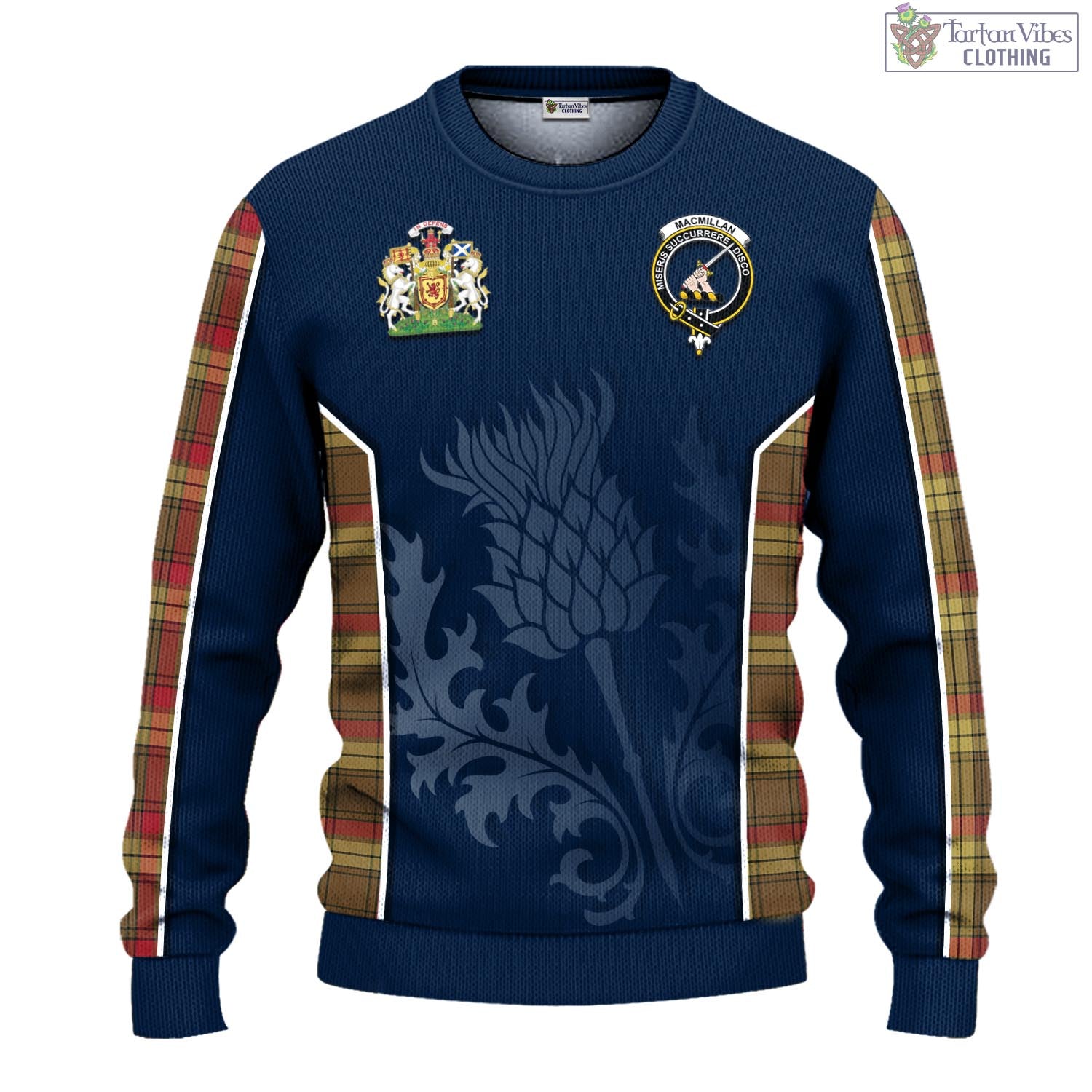 Tartan Vibes Clothing MacMillan Old Weathered Tartan Knitted Sweatshirt with Family Crest and Scottish Thistle Vibes Sport Style