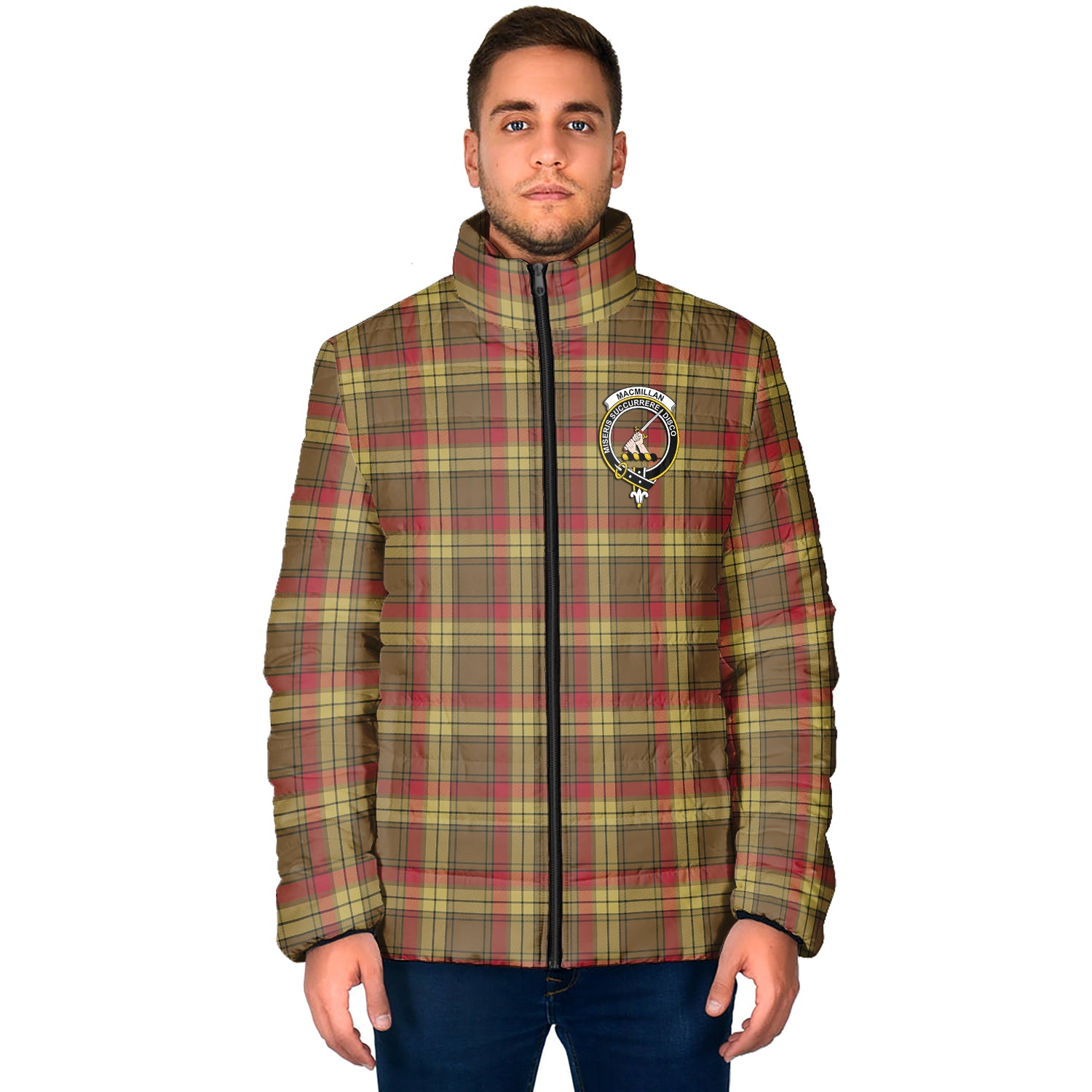 MacMillan Old Weathered Tartan Padded Jacket with Family Crest - Tartanvibesclothing