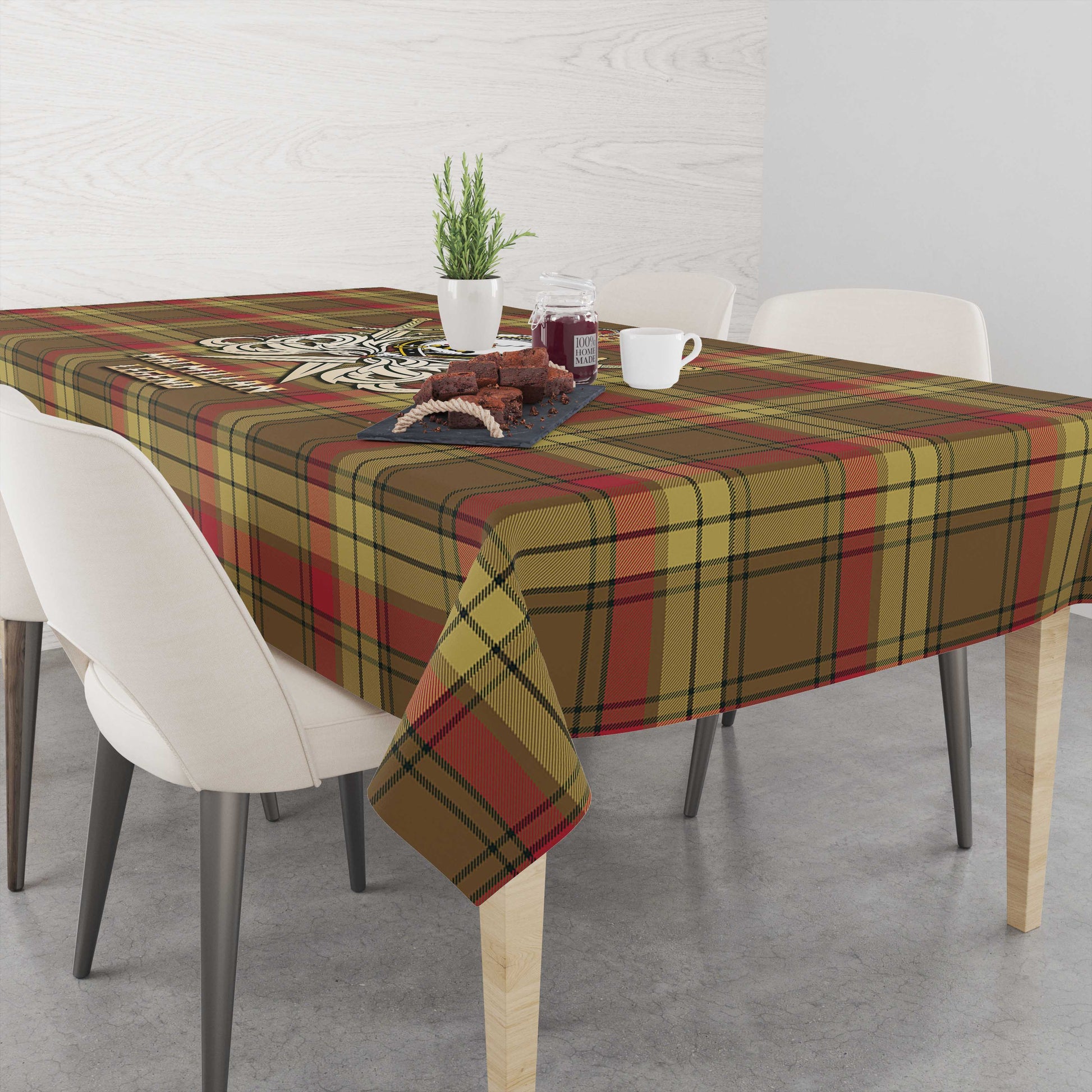 Tartan Vibes Clothing MacMillan Old Weathered Tartan Tablecloth with Clan Crest and the Golden Sword of Courageous Legacy