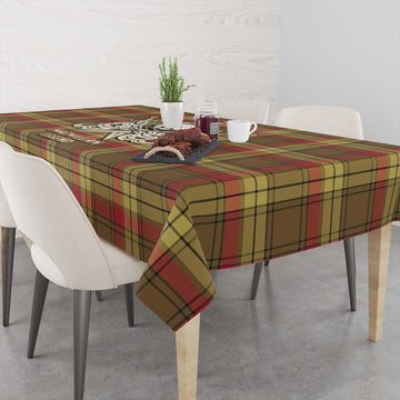MacMillan Old Weathered Tartan Tablecloth with Clan Crest and the Golden Sword of Courageous Legacy