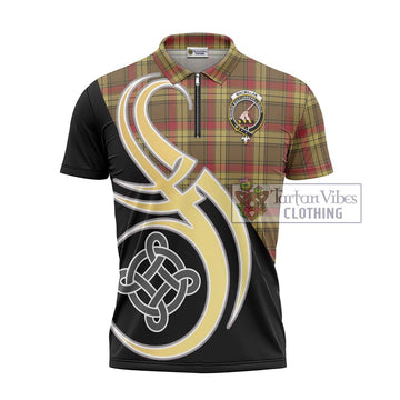 MacMillan Old Weathered Tartan Zipper Polo Shirt with Family Crest and Celtic Symbol Style