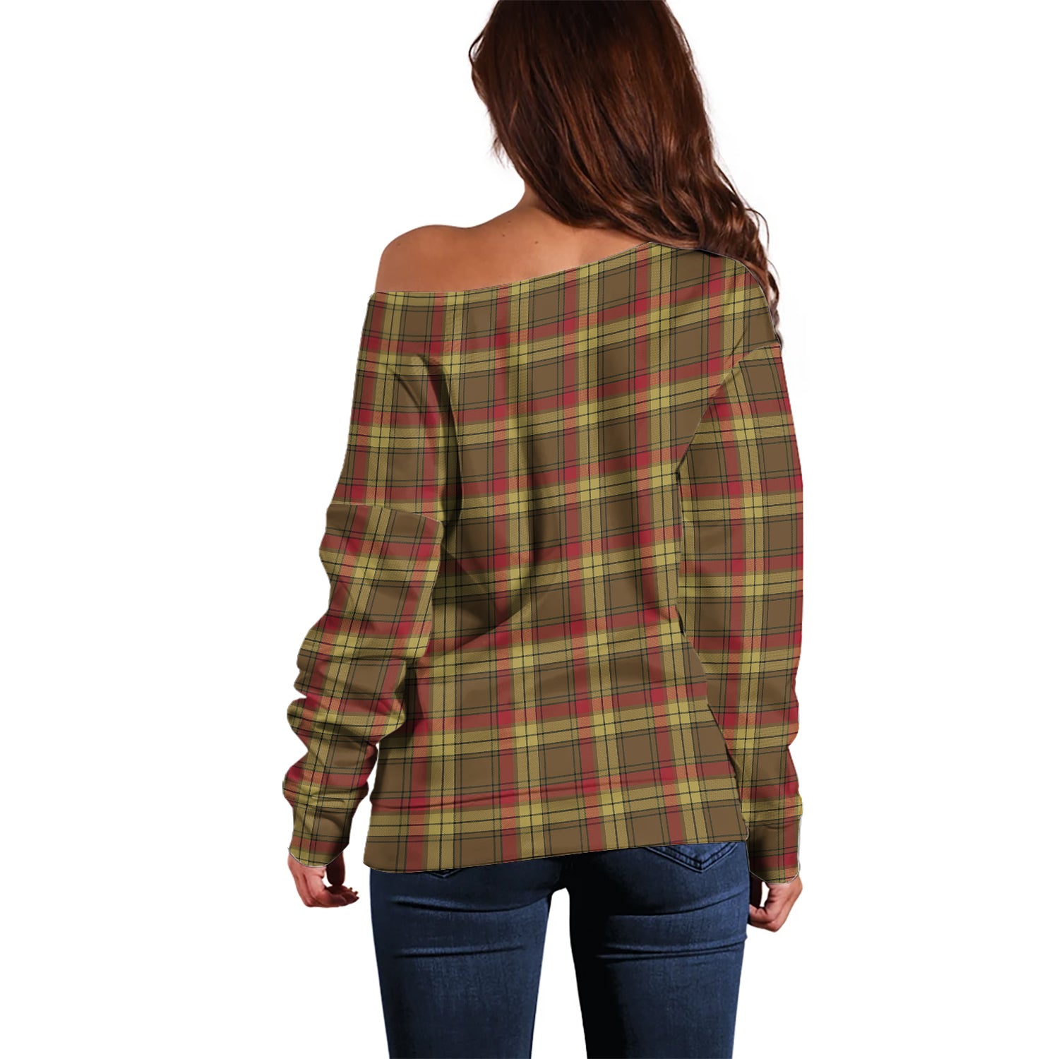 MacMillan Old Weathered Tartan Off Shoulder Women Sweater with Family Crest - Tartanvibesclothing