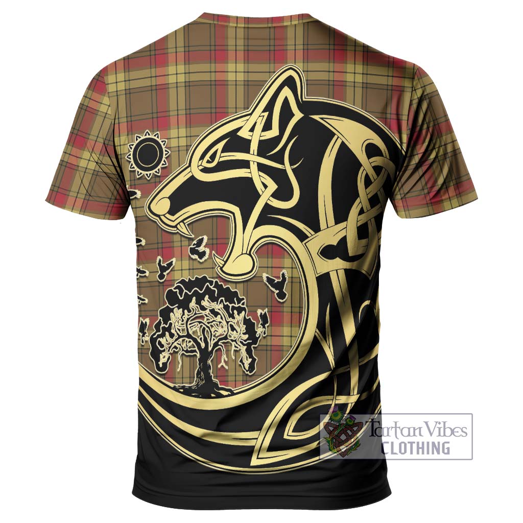 Tartan Vibes Clothing MacMillan Old Weathered Tartan T-Shirt with Family Crest Celtic Wolf Style