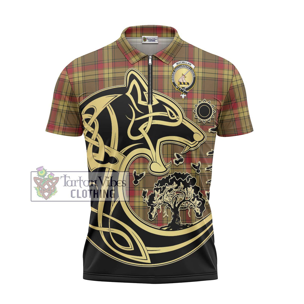 MacMillan Old Weathered Tartan Zipper Polo Shirt with Family Crest Celtic Wolf Style - Tartanvibesclothing Shop